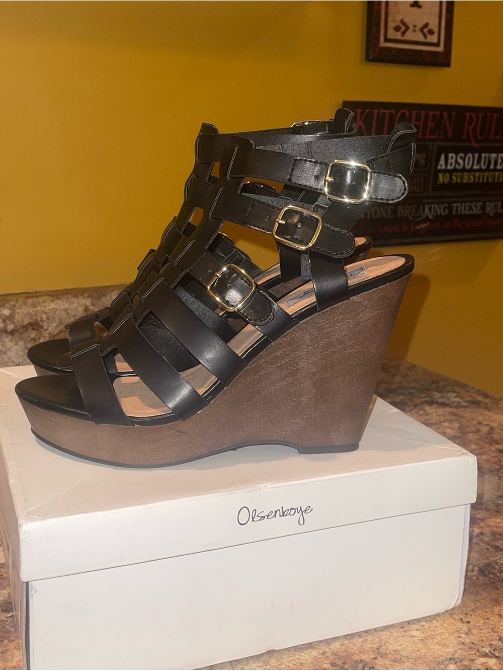 Olsenboye Black Strappy Cage Wedge Sandals